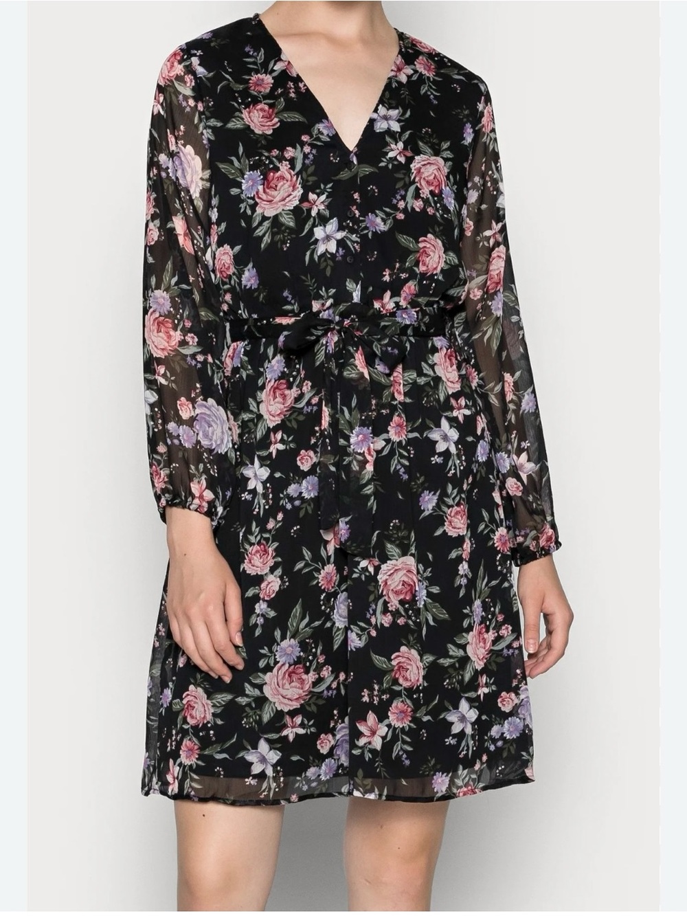 Decree Black Floral V-Neck Long Sleeve Tie-Waist Dress